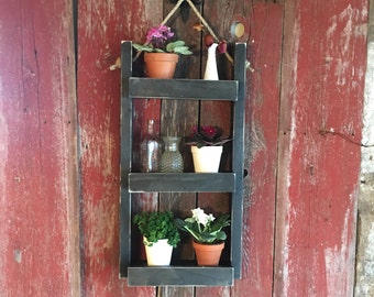 Decorative ladder shelf plant stand | Indoor outdoor hanging wall planter | Rustic vertical herb garden | Wooden ladder plant shelf