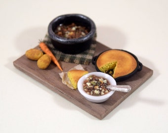 Vegetable Soup and Cornbread, Miniature Dollhouse Food, 1:12 Scale, Miniature Prep Board, Miniature Vegetables Veggies