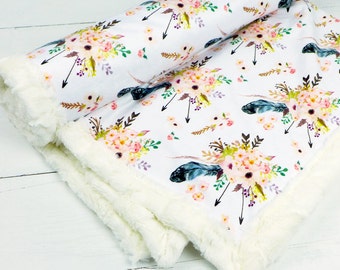 Baby minky blanket, floral feather blanket, girl blanket, flowers bouquet blanket, cuddle blanket, baby shower gift, birth gift, adult size