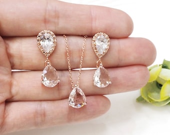 Bridesmaid gift set- clear crystal necklace, clear crystal earring, cubic zirconia earring,glass stone, rose gold necklace
