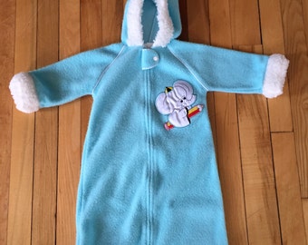 Vintage 1970s Infant Baby Boys Blue Elephant Fleece Snowsuit Bunting Bag! Size NB