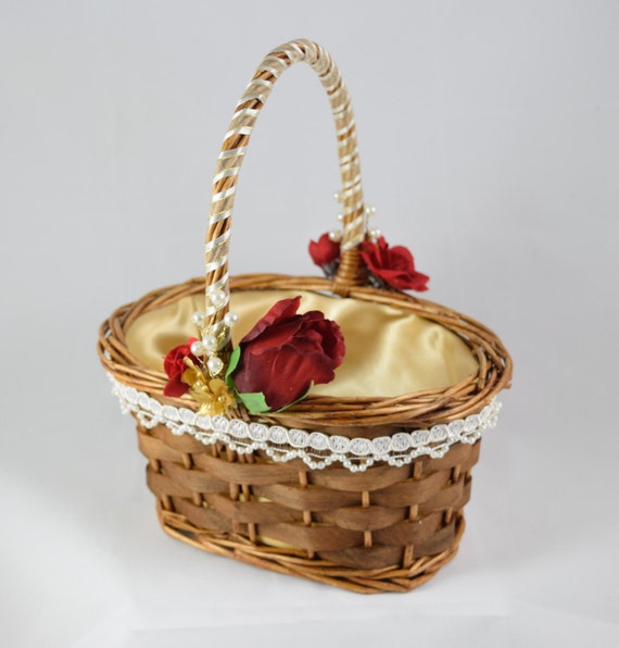 Flower Girl Basket Beauty and the Beast Theme Gold Rose Pearl