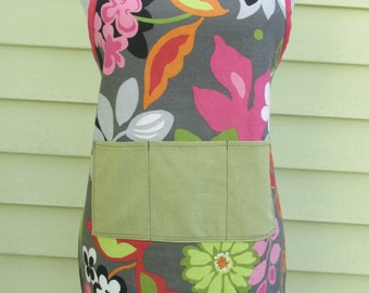 Grey Floral Apron - Womens Apron - Full Apron - Chefs Apron - Long Apron - Grey Apron - Handmade - One of a Kind - Apron - Aprons for Women
