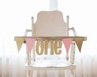 High Chair Banner-Pink and Gold First Birthday Banner-Birthday Photo Prop-First Birthday Party Banner-Pink and Gold Party-Small ONE Banner