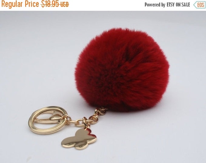 Butterfly Collection Deep Red fur pom pom keychain REX Rabbit fur pom pom ball with butterfly charm