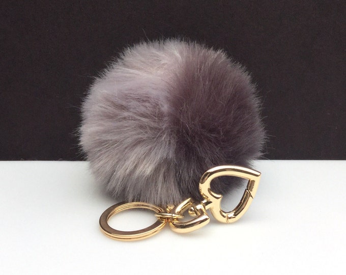 Faux Duo Light Grey Dark Grey Fur Pom Pom bag Keyring keychain pom pom fake fur ball