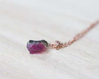 Tiny Raw Watermelon Tourmaline on Rose Gold Filled, Oxidized Sterling or Sterling Silver Chain, Raw Tourmaline Necklace, Pink Green Nugget