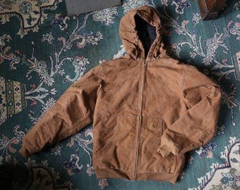 Vintage 80s workwear rustic brown duck jacket Hood lined zip up distressed Carhartt / jean coat Carhartt medium Mens Gray