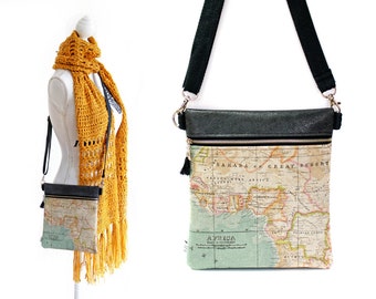 Map purse, Cross body bag, Small sling purse, Faux leather, Festival bag, Crossbody, Random map, Zipper bag, Cross over, Shoulder bag