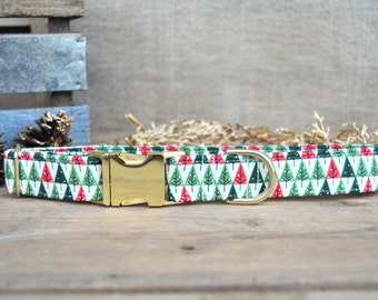 Nordic Pine Christmas Dog Collar, Christmas Dog Collar, Trees Dog Collar, Nordic Dog Collar, Male Collar, Female Collar, Gold Metal Buckle