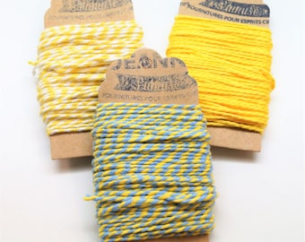 Kit 3 coupons cotton strings baker's twine, yellow, yellow-white, yellow-bleu ciel, 3 x 10 m