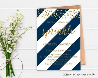 GOLD BLUE STRIPES Baby Sprinkle Invitation , Navy Blue and Gold Baby Shower Invitation , Printable , Personalized , Jpeg or Pdf Download