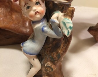 Pixie elf bud vase - japan elf climbing tree bud vase - vintage japan bud vase - vintage pixie climbing - kitschy elf bud vase