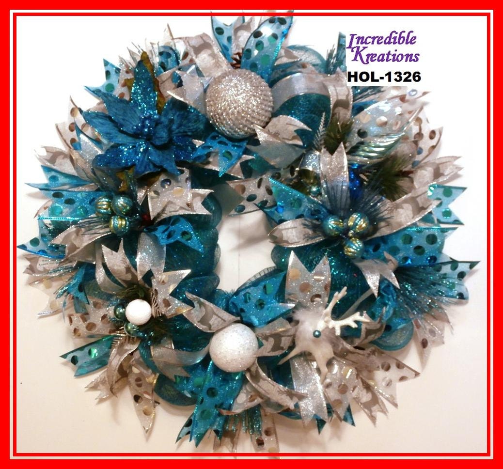 Christmas Wreath Teal Wreath Christmas Mesh Wreath Teal