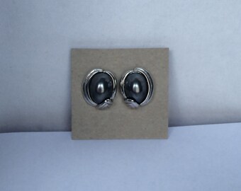 Vintage Napier Pierced Post Earrings - Grey Faux Pearl Cabochons - Silver Tone