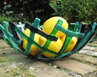 Fruit bowl, Fused glass bowl, Green glass bowl, Large glass bowl, Modern fruit bowl, Decorative bowl, Fused glass bowls, Teal glass bowl