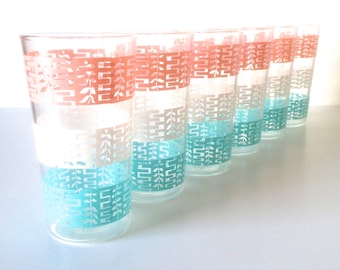 Vintage Anchor Hocking Drinking Juice Glasses - Crinoline - Pink, White & Turquoise Lattice - Set Of 6 - 50's