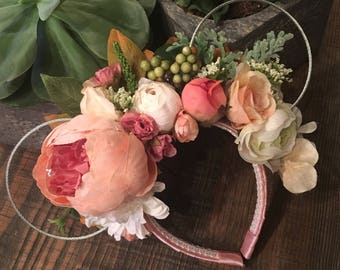 Peony floral flexible wire ears, minnie ears, mickey ears, disney ears, pastel florals, flowers, flower crown, boho, bouquet