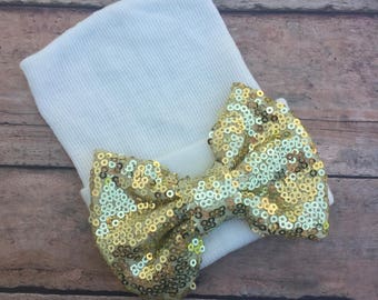 Newborn Hospital Hat - Bow Hat - Baby Girl Hospital Hat - Beanie with Bow - Baby Hat - Hospital Hat - Gold Bow - Girl Hat - Newborn girl