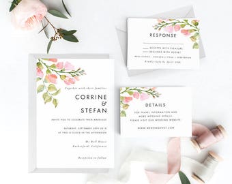 Floral Wedding Invitation Suite, Wedding Invitation Printable, Invitation Set, Wedding Invitation Rustic, PDF Letter or A4 (Item code: P173)