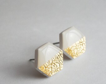 White and Gold Hexagon Studs, Geometric Jewelry, Minimalist Statement Earrings, Hypoallergenic Titanium Earrings, Modern Jewelry Nickel Free