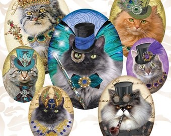 Octopunx Steampunk Cats 1 Oval 30x40mm 22x30mm 18x25mm Digital Collage Sheets 36 Designs
