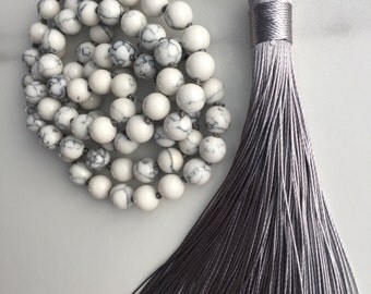 Beaded Knotted Mala Necklace, White Marble, Gray Silk Tassel, Agate, Silk Tassel, Natural Stones, Handmade, Boho, Yoga, Fortina Designs