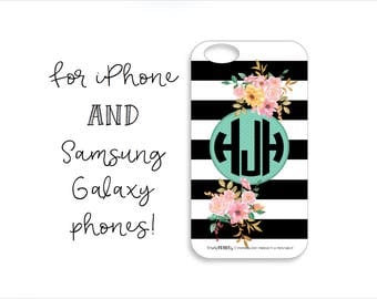 Black, White and Floral Monogram Tough iPhone Case, Black, White and Floral Monogram Tough Samsung Galaxy case, Tough Phone Case