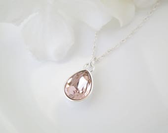 Simple blush wedding necklace, Swarovski vintage rose teardrop bridal necklace, Pink crystal necklace, Bridesmaid necklace