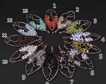 Wholesale Bulk Fashion Tree of Life Leaf Pendants Findings,Natural Gemstones Chip Beads,Wire Wrapped Gun Bronze Plated Nugget Craft Necklace