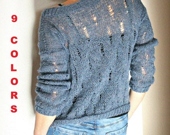 Knit loose sweater Loose knit pullover Blue knit sweater Women's knit sweater Women's knit jumper Hand knit sweater Crochet sweater