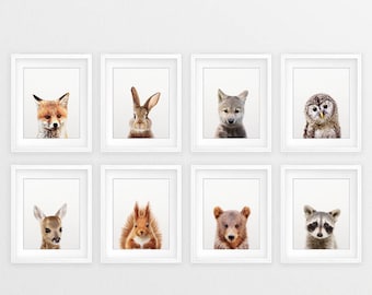 Woodland Nursery Decor, Baby Animals Set 8, Fox Bear Deer Wolf Rabbit Print, Nursery Animal Prints, Woodland Animal, Kids Room Printable Art