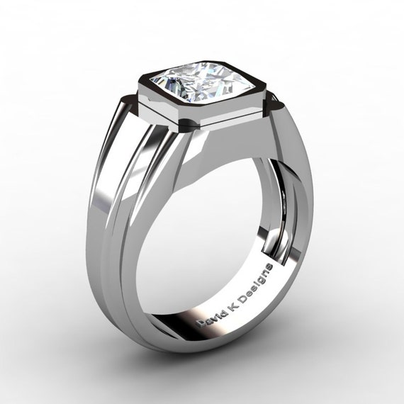 Mens Modern 14K White Gold 2.0 Ct Princess White Sapphire Ring