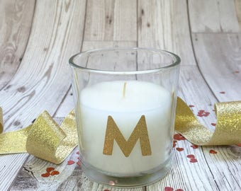 Bridesmaid candle. Personalised wedding thank you gift. Personalised, gold initial votive candle. Fresh linen scent.