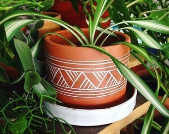 Terracotta Planter (Made to Order) - Plant Pot - Carved Geometric Pattern - Pottery by Osa - Modern - Ethnic -Minimal - Boho - Pottery by O