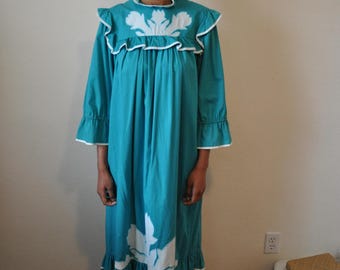 Vintage 1980s Carol Bennett Teal Floor Length Hawaiian NIghtgown with Ruffle Trim