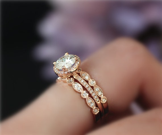 3 Rings! 1ct Charles & Colvard Round Moissanite Ring Set, Diamond Accent Solid 14K Rose Gold Ring Set, Engagement Ring Set