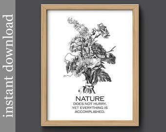 Nature Quote, Nature Printable, vintage flower print, black and white, flower wall art, nature print, printable art, garden art, download