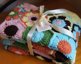 Throw Blanket ,Crochet blanket,Crochet Afghan,handmade blanket -Colorful Spring Flowers under the sunshine. /Afghan