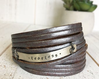 Leather Wrap Bracelet, Shredded, Metallic Pewter 'Fearless' soft leather, double wrap, adjustable