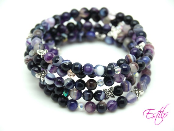 Beautiful Bright Purple Stripe Agate Bracelet 5 in 1, Valentine Day, Birthday Gift, Gemstone Beaded Bracelet, Stripe Agate FREE UK SHIPPING