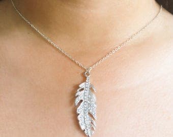 Silver Feather & Pave Crystal Necklace