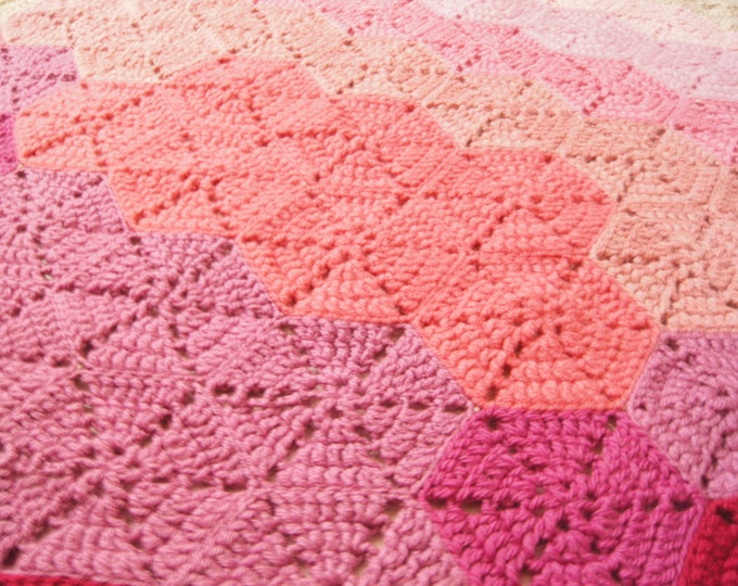 Crochet Baby Blanket, Pink Gradient Blanket, Hexagon Blanket, travel stroller size, Car seat Blanket, Crib Blanket