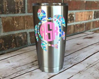 Sea Turtle Decal - cute monogram sticker - yeti decal for women - vinyl rtic decal - Lilly Pulitzer inspired vinyl - Lilly monogram