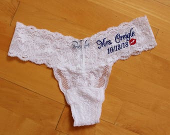 Bridal Panties PERSONALIZED,bride lingerie, KISSING Lips-Bridal Thong,Bridal Lingerie,WHITE Panties,Honeymoon gift, Bachelorette gift. CosFL