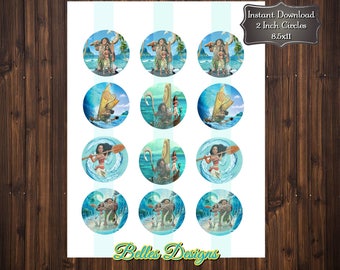 Moana, Birthday, Cupcake Toppers, Bottle Cap Images, 2 inch, Cirlces, Party Decor, Stickers, Tags, Craft Supplies*Digital File*
