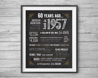 60th Birthday or Anniversary Chalk Sign, Printable 8x10 and 16x20, Party Supplies, 60 Years Ago in 1957, Instant Digital Download