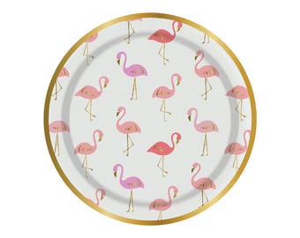 Flamingo paper plates. Set of 8. SMALL flamingo party plates. Flamingle plates. Tropical bird paper plate. Pink flamingo tableware.