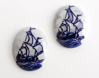 Vintage Delft Sailing Ship Cameo, porcelain, oval cabochon, 22x18 mm - 2 pieces - A52-2