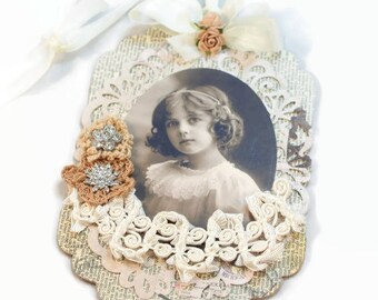 Gift Tag, Mixed Media, Collage Gift Tag, Floral And Lace, Gift Topper, Home Decor Tag, Shabby Vintage, Cottage Chic Style, Art, Ornament